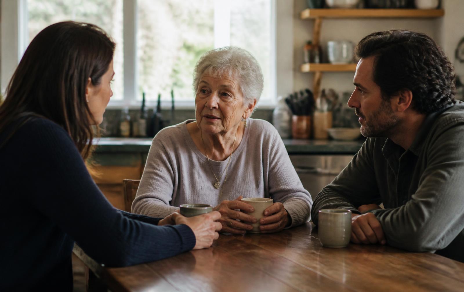 An older woman talking quietly with two adult children across a kitchen table, coffee cups in front of them