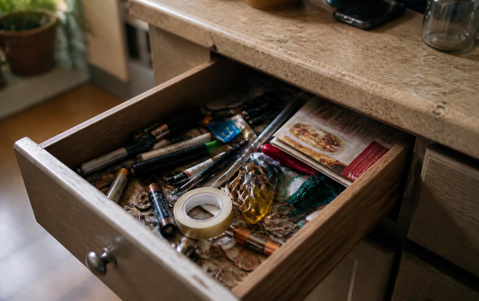 A kitchen junk drawer pulled open, holding loose batteries, pens, tape, a folded takeout menu, rubber bands and odd small tools