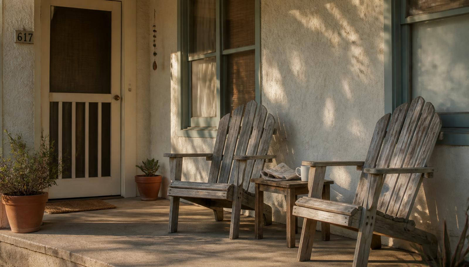 Two weathered wooden chairs and a small side table with a folded newspaper and a coffee cup on a quiet stucco porch in low late-afternoon light