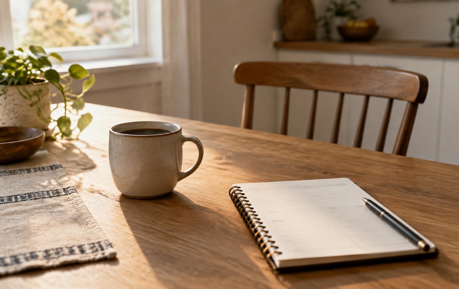 A coffee cup and an open blank weekly planner with a pen on a wooden kitchen table in early morning light, an empty chair beyond