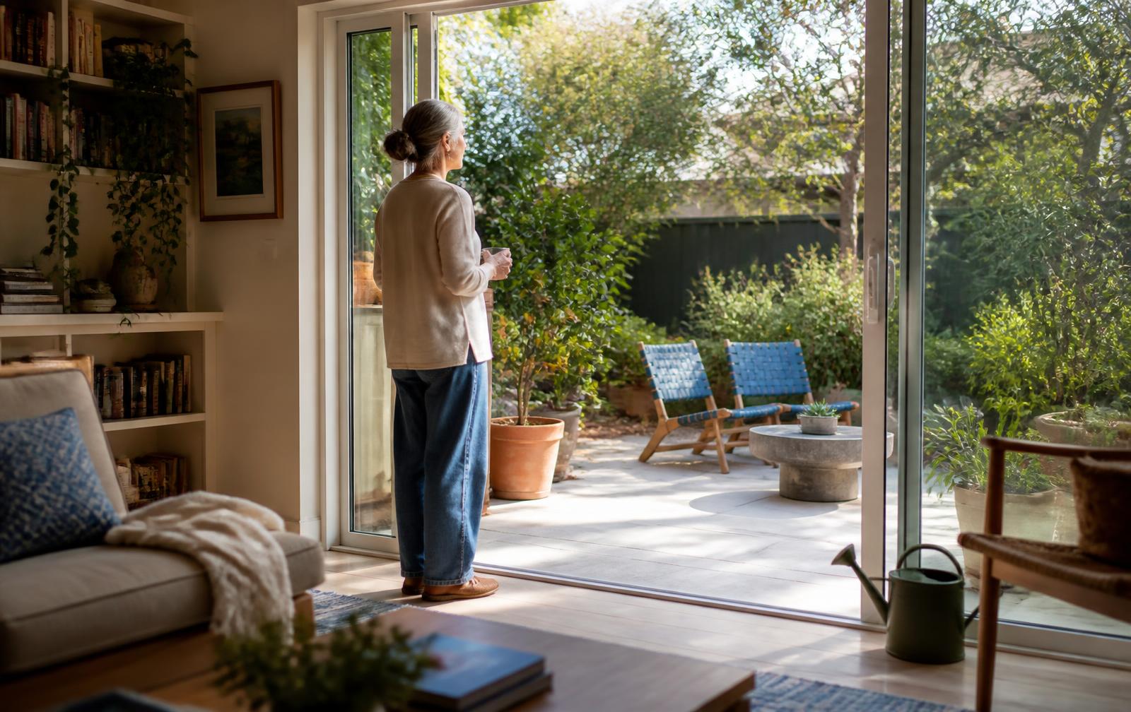 An older adult standing relaxed and seen from behind in the open sliding door of a bright single-level home, looking out across a wide clear walkway to a small planted patio with two chairs and potted citrus