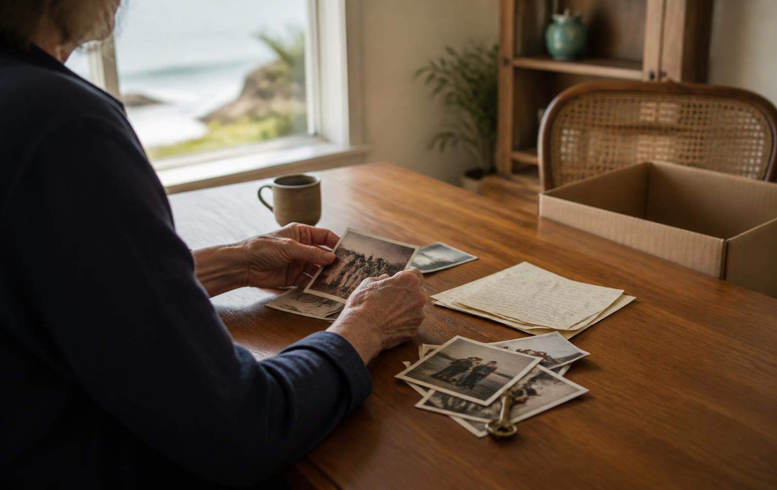 An older adult seen from the side at a wooden dining table in natural light, hands sorting a small pile of old family photographs, handwritten letters and an antique brass key, with one open empty box on a chair nearby