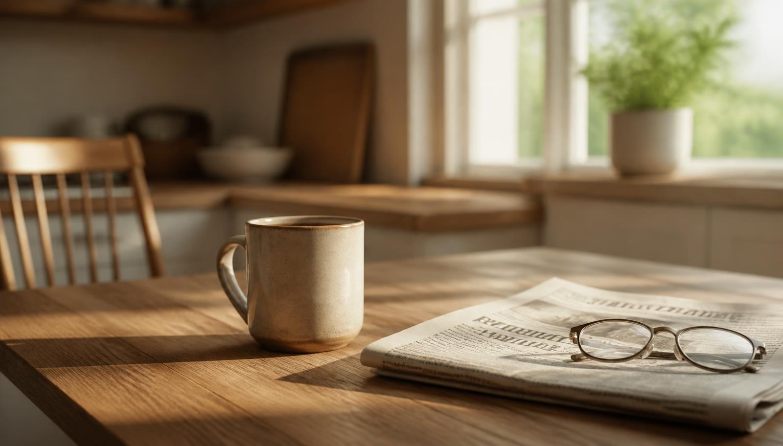 A coffee mug, folded newspaper and reading glasses on a quiet kitchen table in morning light